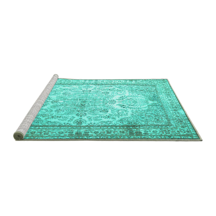 Sideview of Machine Washable Persian Turquoise Traditional Area Rugs, wshtr1789turq