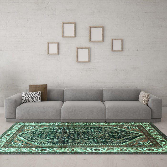 Machine Washable Persian Turquoise Traditional Area Rugs in a Living Room,, wshtr178turq