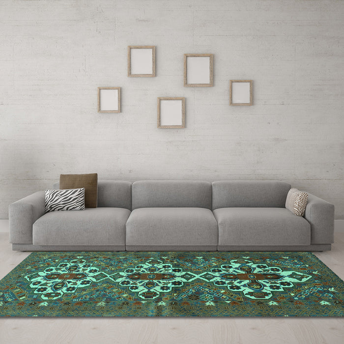 Machine Washable Persian Turquoise Traditional Area Rugs in a Living Room,, wshtr1790turq