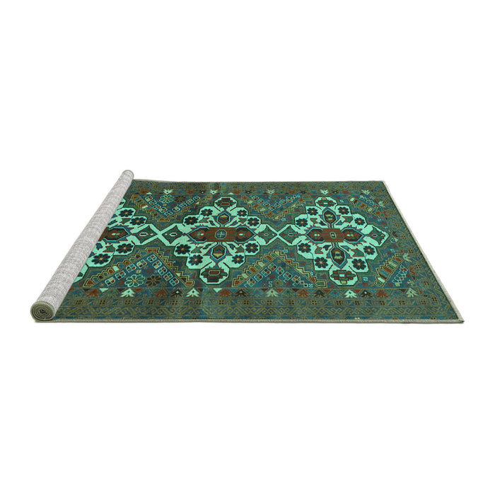 Sideview of Machine Washable Persian Turquoise Traditional Area Rugs, wshtr1790turq