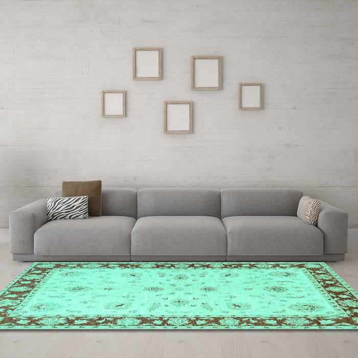 Machine Washable Persian Turquoise Traditional Area Rugs in a Living Room,, wshtr1792turq