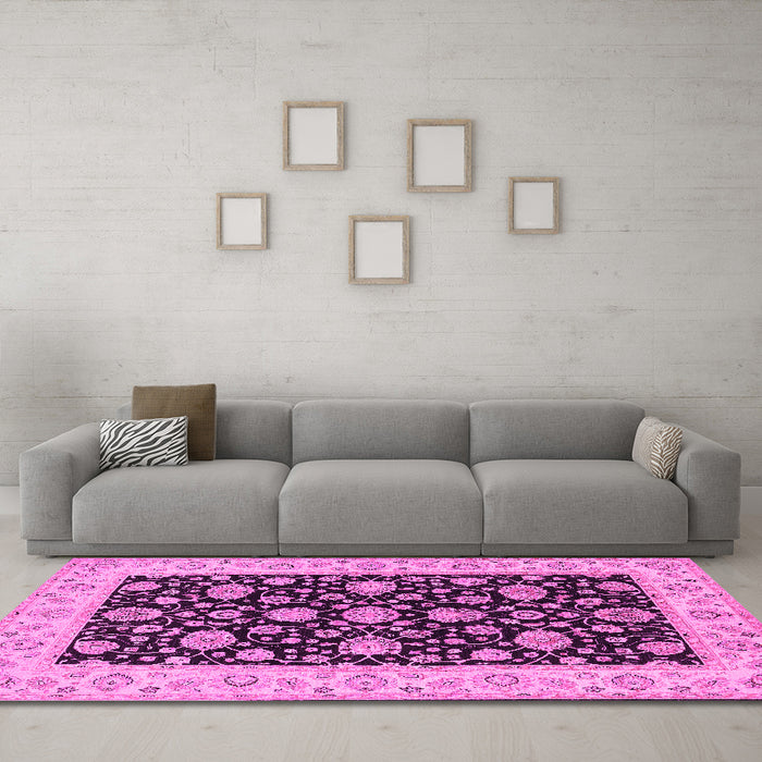 Machine Washable Oriental Pink Traditional Rug in a Living Room, wshtr1794pnk