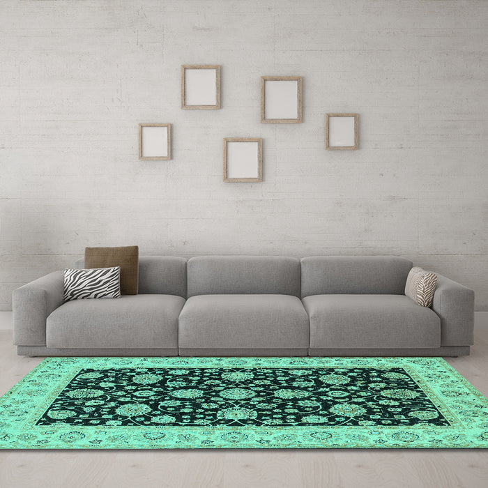 Machine Washable Oriental Turquoise Traditional Area Rugs in a Living Room,, wshtr1794turq