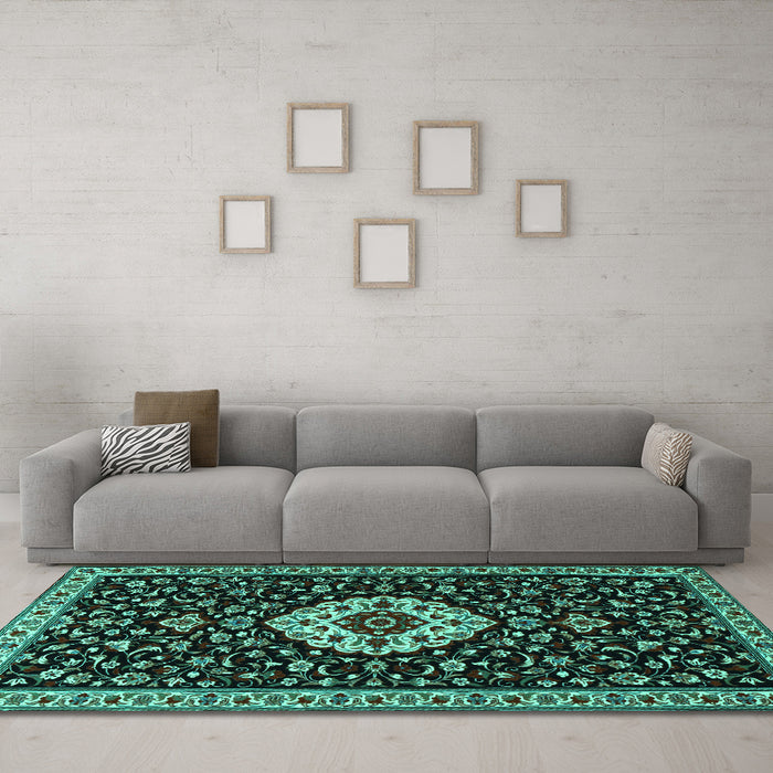 Machine Washable Medallion Turquoise Traditional Area Rugs in a Living Room,, wshtr1797turq