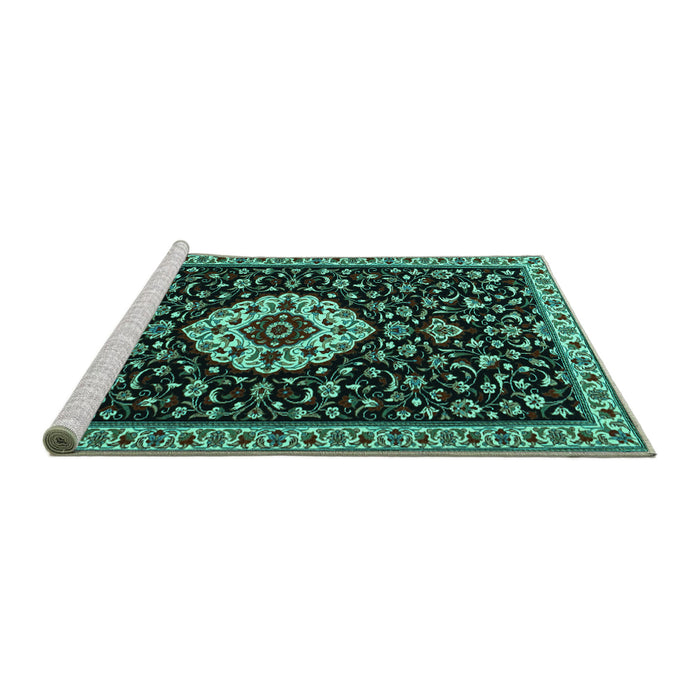Sideview of Machine Washable Medallion Turquoise Traditional Area Rugs, wshtr1797turq