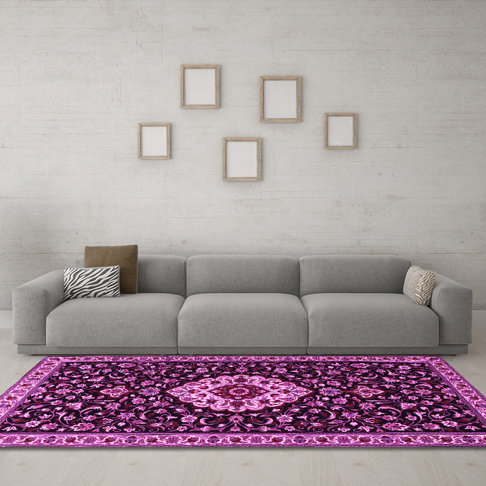 Machine Washable Medallion Pink Traditional Rug in a Living Room, wshtr1797pnk