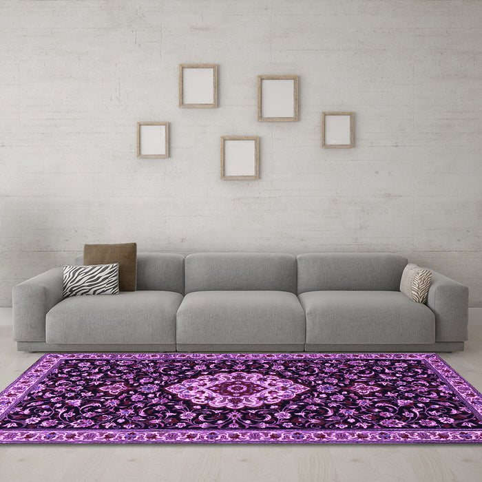Machine Washable Medallion Purple Traditional Area Rugs in a Living Room, wshtr1797pur