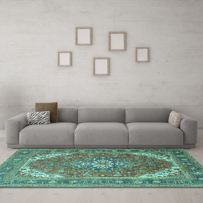 Machine Washable Persian Turquoise Traditional Area Rugs in a Living Room,, wshtr179turq