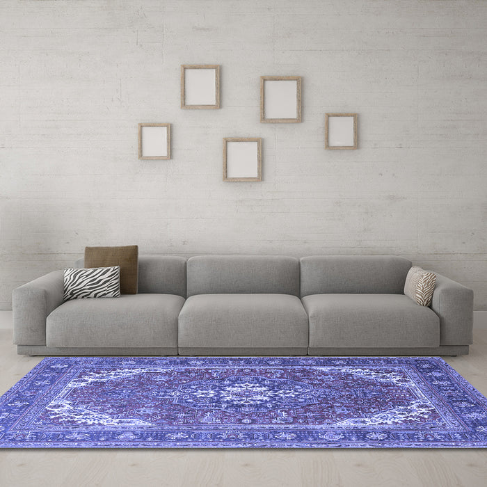 Machine Washable Persian Blue Traditional Rug in a Living Room, wshtr179blu