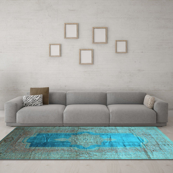 Machine Washable Medallion Light Blue Traditional Rug in a Living Room, wshtr17lblu
