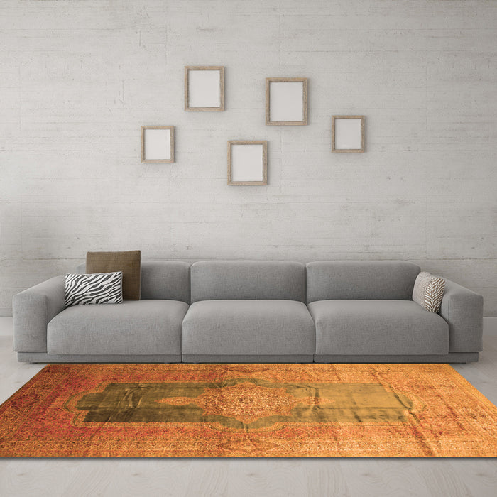 Machine Washable Medallion Orange Traditional Area Rugs in a Living Room, wshtr17org