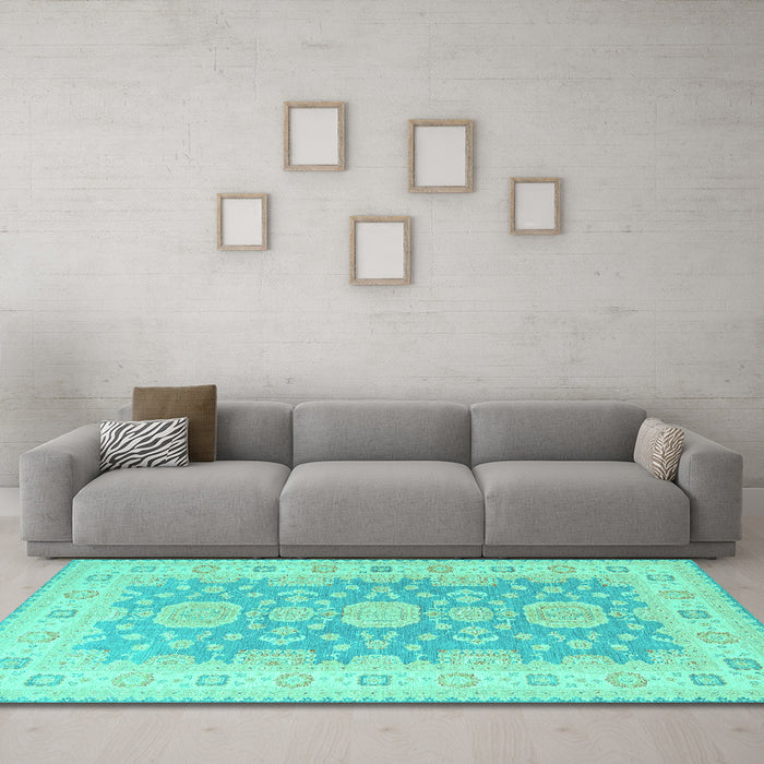 Machine Washable Oriental Turquoise Traditional Area Rugs in a Living Room,, wshtr1800turq