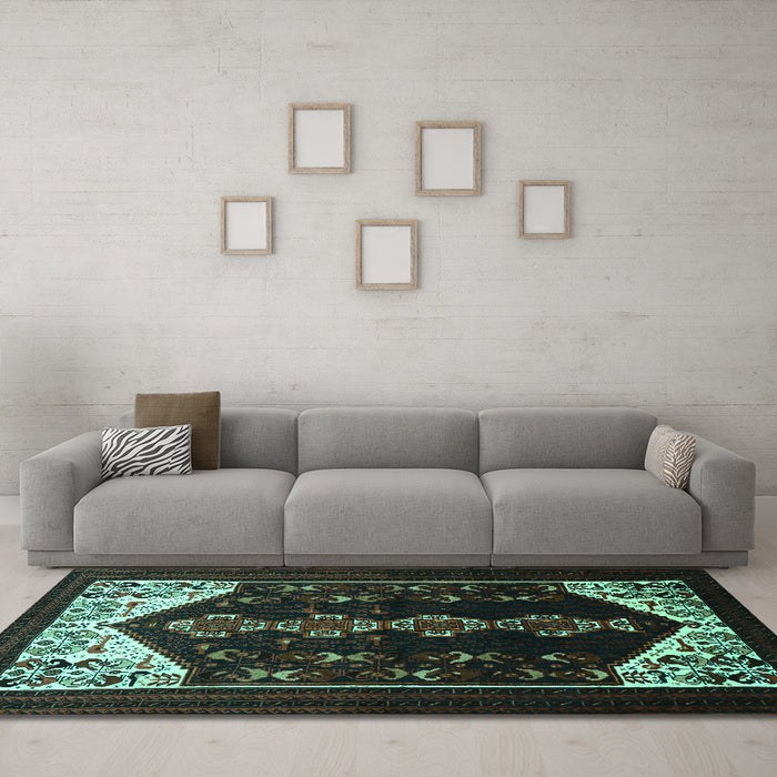 Machine Washable Persian Turquoise Traditional Area Rugs in a Living Room,, wshtr1803turq