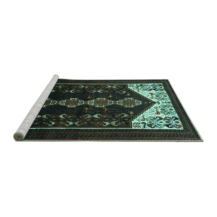 Sideview of Machine Washable Persian Turquoise Traditional Area Rugs, wshtr1803turq