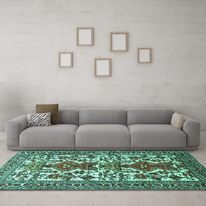 Machine Washable Persian Turquoise Traditional Area Rugs in a Living Room,, wshtr1807turq