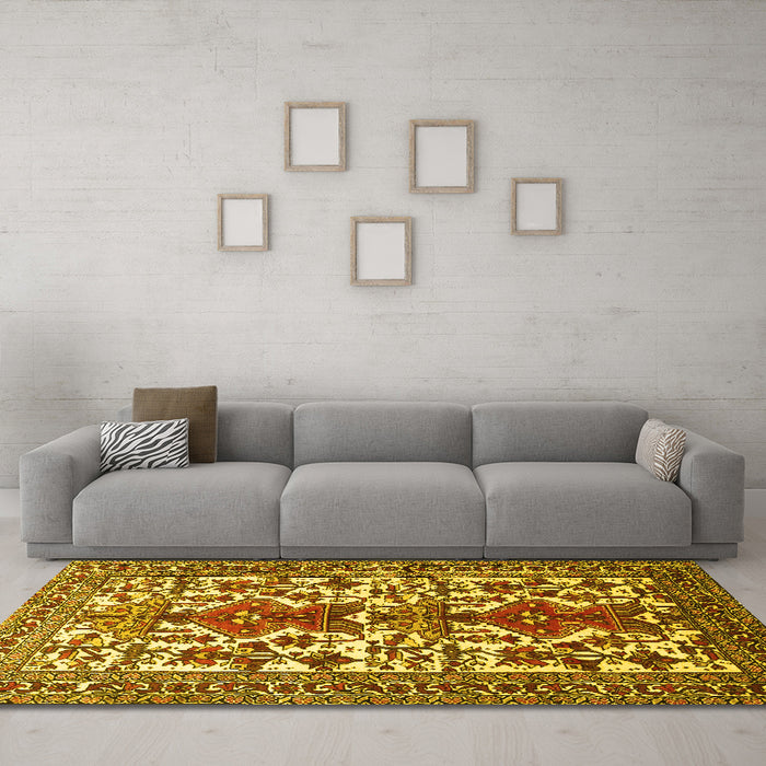 Machine Washable Persian Yellow Traditional Rug in a Living Room, wshtr1807yw