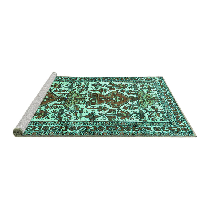 Sideview of Machine Washable Persian Turquoise Traditional Area Rugs, wshtr1807turq