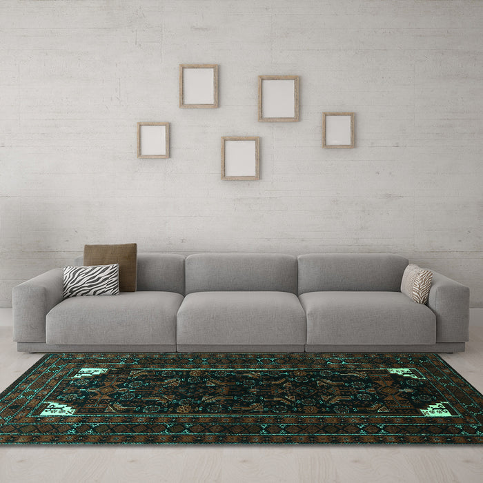 Machine Washable Persian Turquoise Traditional Area Rugs in a Living Room,, wshtr1809turq