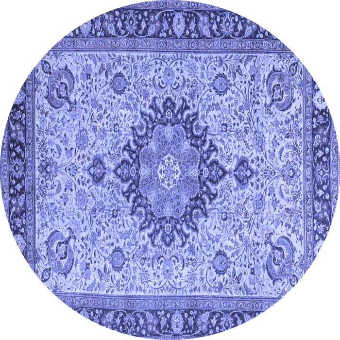 Round Machine Washable Medallion Blue Traditional Rug, wshtr180blu