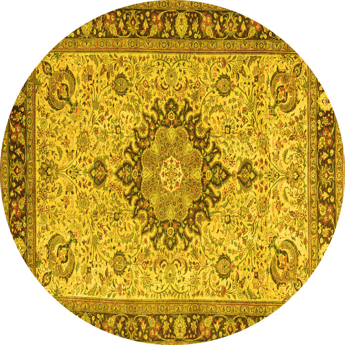 Round Machine Washable Medallion Yellow Traditional Rug, wshtr180yw