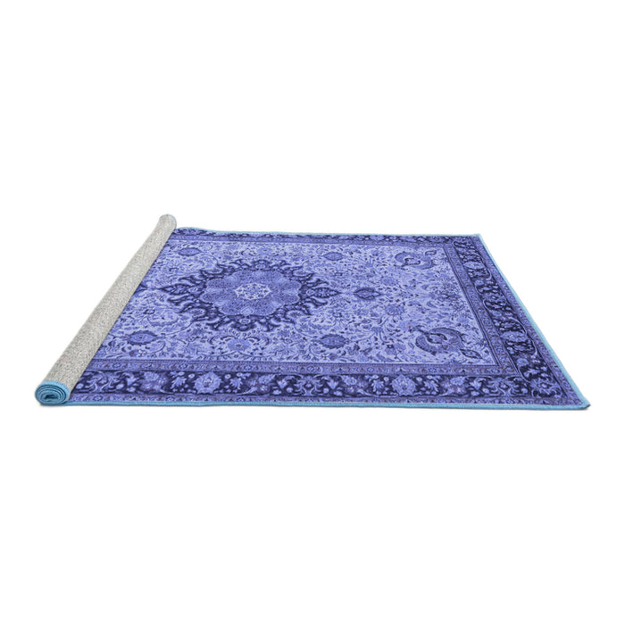 Sideview of Machine Washable Medallion Blue Traditional Rug, wshtr180blu
