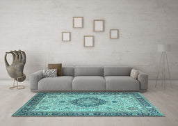 Machine Washable Medallion Light Blue Traditional Rug in a Living Room, wshtr180lblu