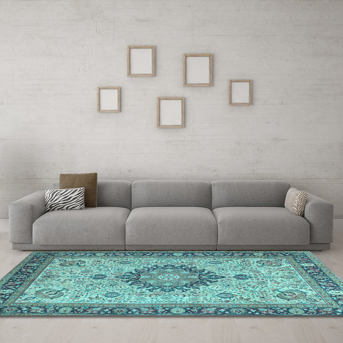 Machine Washable Medallion Light Blue Traditional Rug in a Living Room, wshtr180lblu