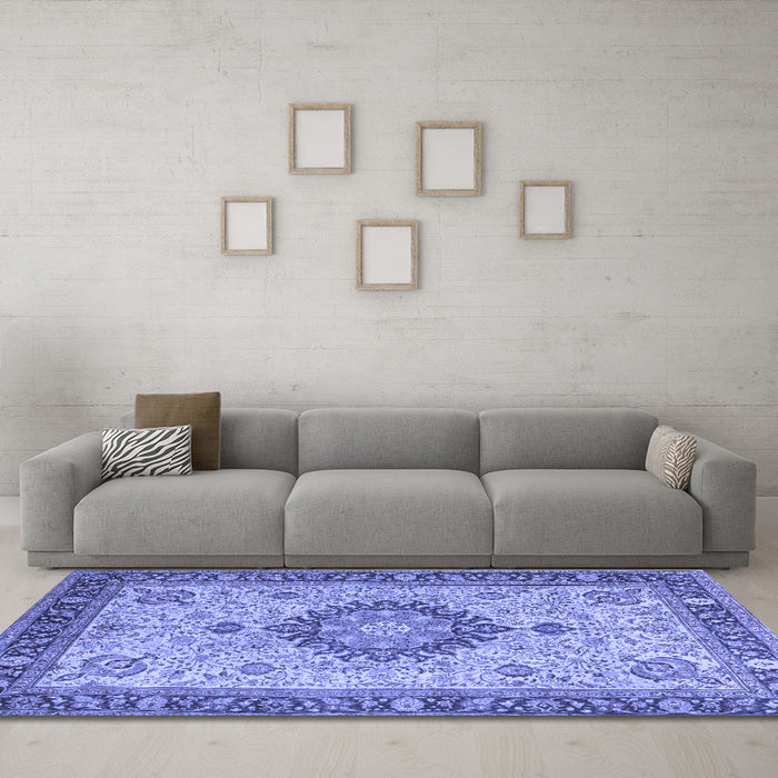 Machine Washable Medallion Blue Traditional Rug in a Living Room, wshtr180blu