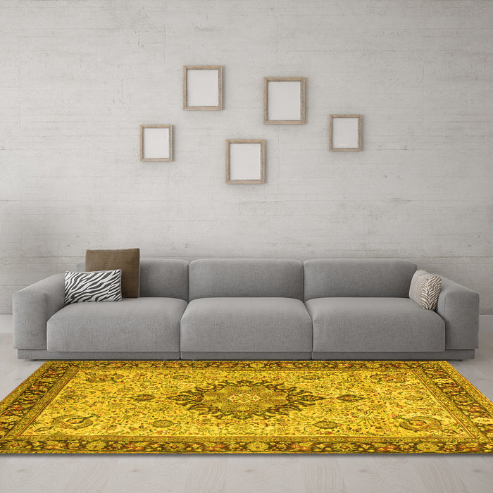 Machine Washable Medallion Yellow Traditional Rug in a Living Room, wshtr180yw