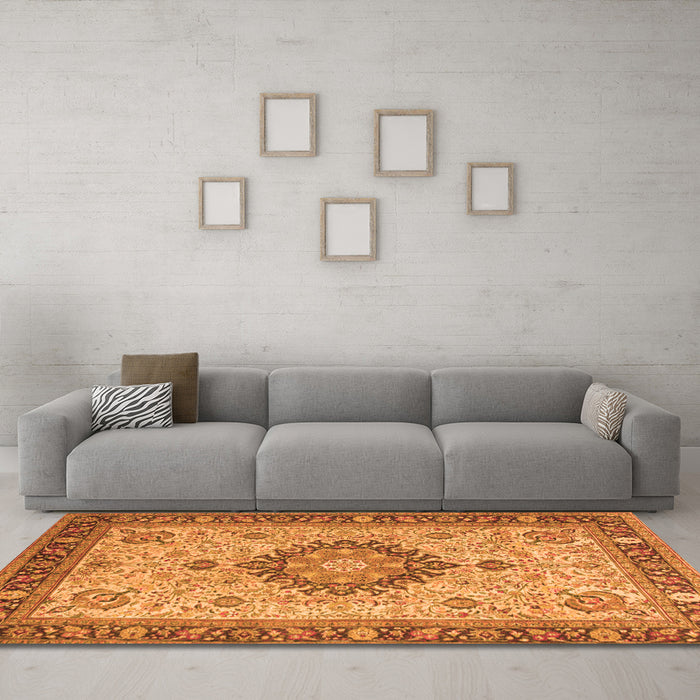 Machine Washable Medallion Orange Traditional Area Rugs in a Living Room, wshtr180org