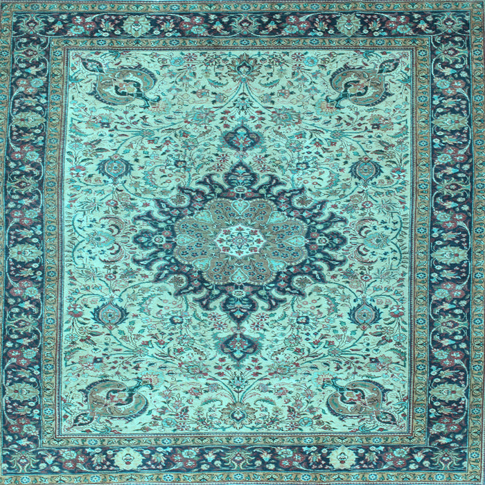 Square Machine Washable Medallion Light Blue Traditional Rug, wshtr180lblu