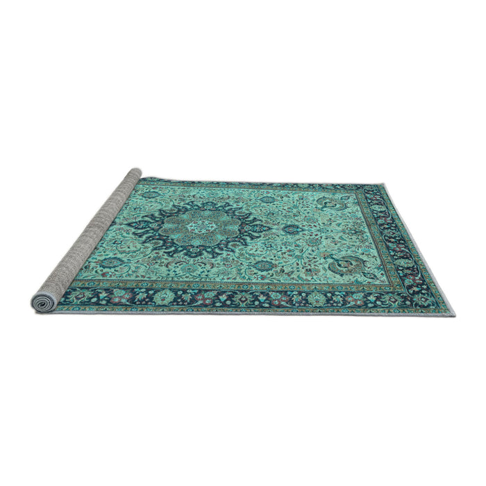 Sideview of Machine Washable Medallion Light Blue Traditional Rug, wshtr180lblu