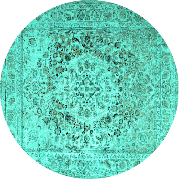 Round Machine Washable Medallion Turquoise Traditional Area Rugs, wshtr1814turq