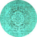 Round Machine Washable Medallion Turquoise Traditional Area Rugs, wshtr1814turq