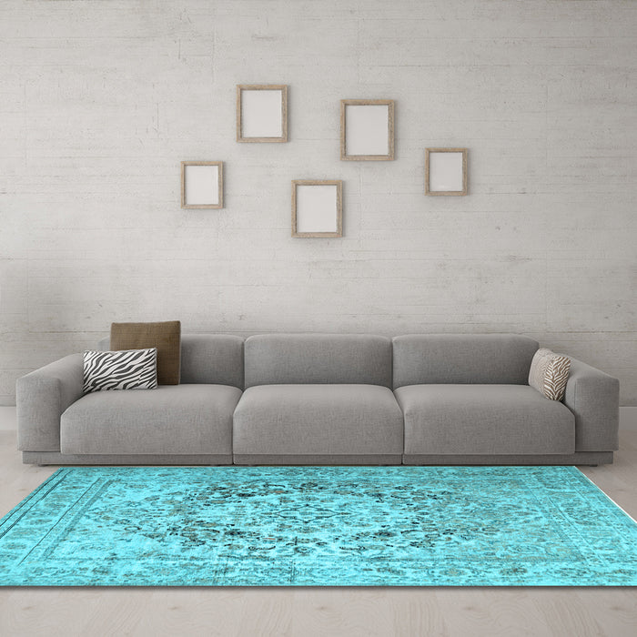 Machine Washable Medallion Light Blue Traditional Rug in a Living Room, wshtr1814lblu