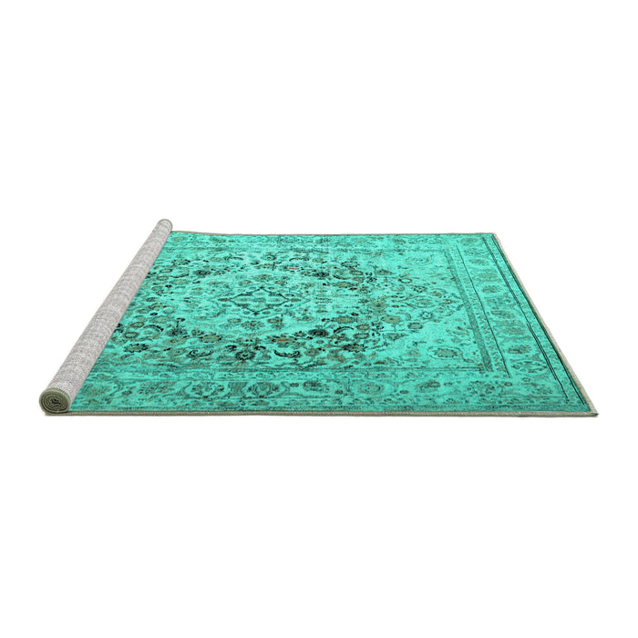 Sideview of Machine Washable Medallion Turquoise Traditional Area Rugs, wshtr1814turq