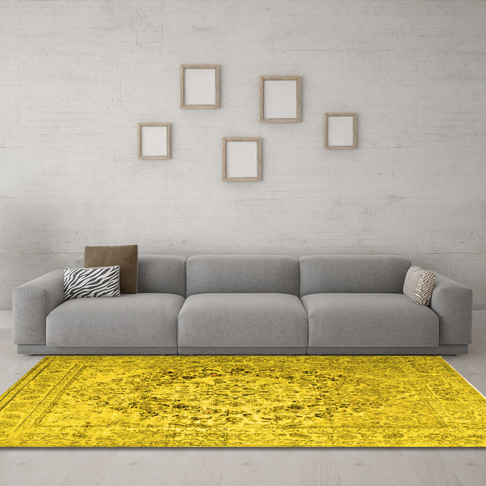 Machine Washable Medallion Yellow Traditional Rug in a Living Room, wshtr1814yw