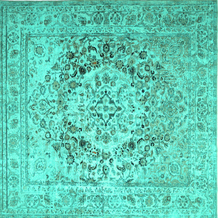 Square Machine Washable Medallion Turquoise Traditional Area Rugs, wshtr1814turq