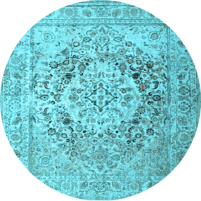 Round Machine Washable Medallion Light Blue Traditional Rug, wshtr1814lblu