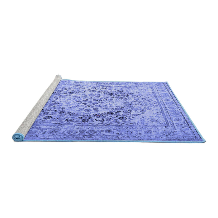 Sideview of Machine Washable Medallion Blue Traditional Rug, wshtr1814blu