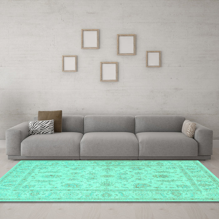 Machine Washable Persian Turquoise Traditional Area Rugs in a Living Room,, wshtr1820turq