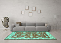 Machine Washable Persian Turquoise Traditional Area Rugs in a Living Room,, wshtr1821turq