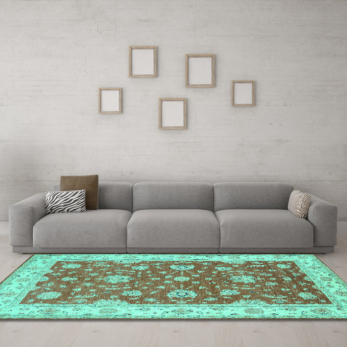 Machine Washable Persian Turquoise Traditional Area Rugs in a Living Room,, wshtr1821turq