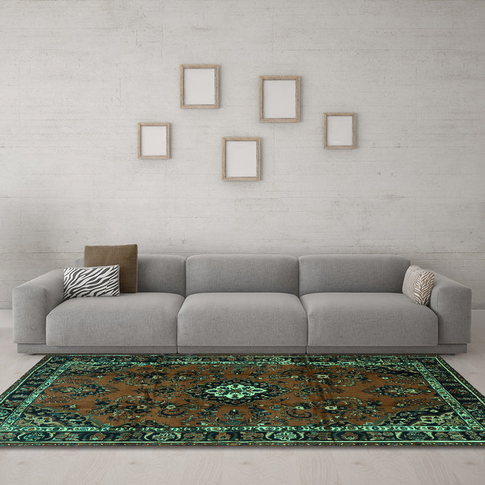 Machine Washable Persian Turquoise Traditional Area Rugs in a Living Room,, wshtr1825turq