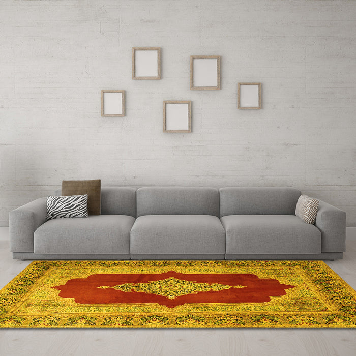 Machine Washable Medallion Yellow Traditional Rug in a Living Room, wshtr1826yw