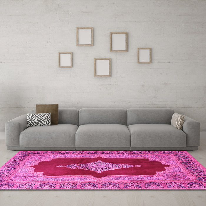 Machine Washable Medallion Pink Traditional Rug in a Living Room, wshtr1826pnk