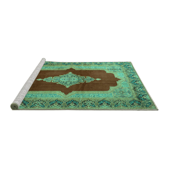 Sideview of Machine Washable Medallion Turquoise Traditional Area Rugs, wshtr1826turq