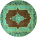 Round Machine Washable Medallion Turquoise Traditional Area Rugs, wshtr1826turq