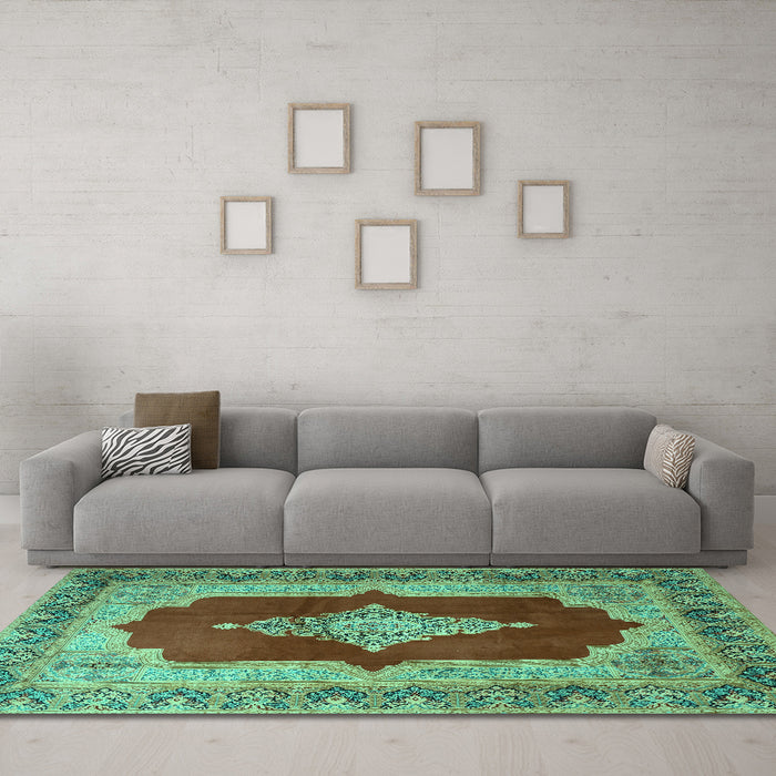 Machine Washable Medallion Turquoise Traditional Area Rugs in a Living Room,, wshtr1826turq