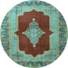 Round Machine Washable Medallion Light Blue Traditional Rug, wshtr1826lblu